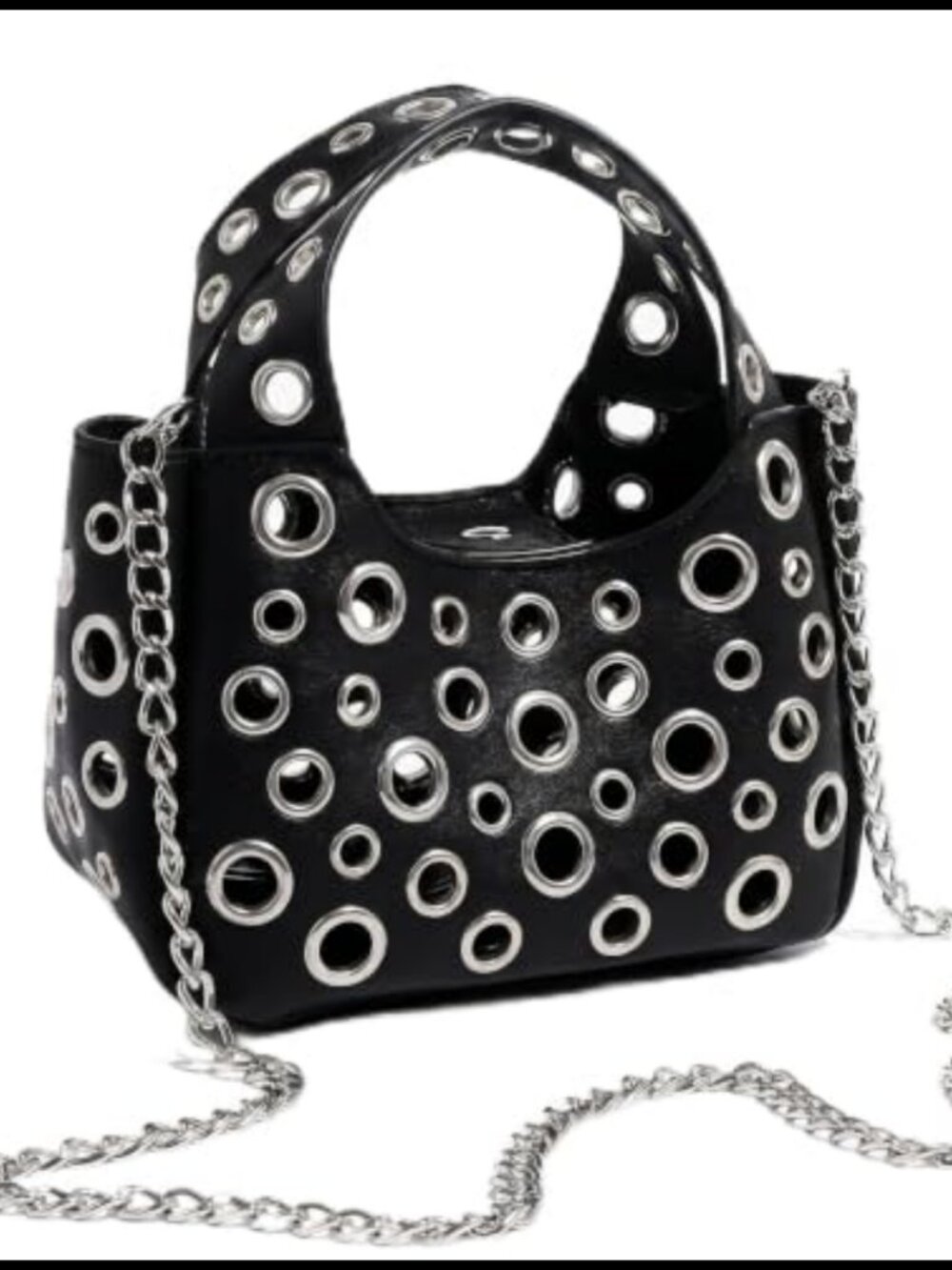 Punk Cutout Crossbody Bag PU Leather Metal Ring Detachable Chain Purse